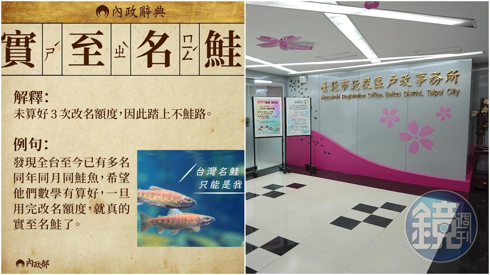 全台瘋改名為鮭魚,但名字若改回來還是會留下紀錄;右為戶政事務所示意圖。(翻攝自內政部臉書、本刊資料照)