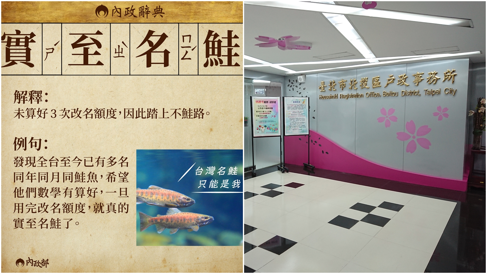 全台瘋改名為鮭魚，但名字若改回來還是會留下紀錄；右為戶政事務所示意圖。（翻攝自內政部臉書、本刊資料照）