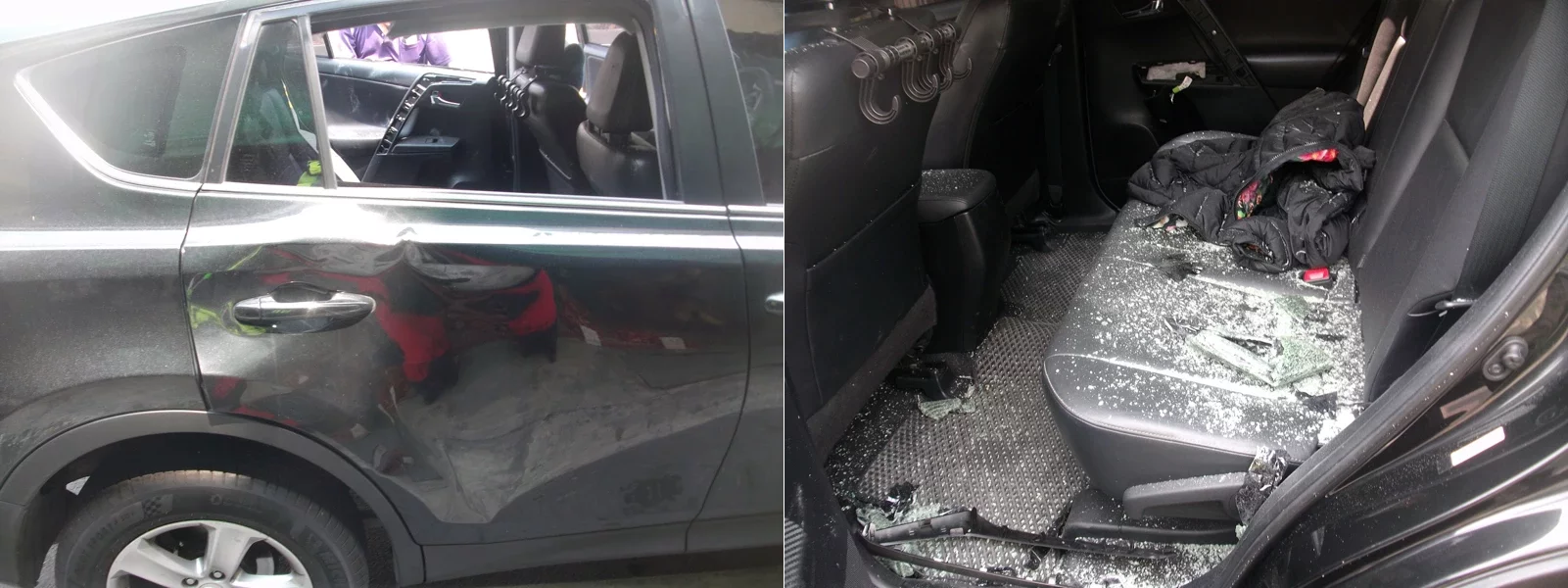 休旅車停下等紅燈，右後方車窗突被震碎，幸好車內人員沒有大礙。（警方提供）