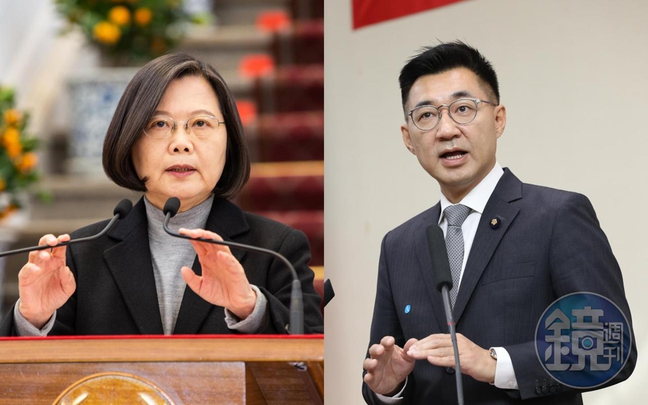 江啟臣(右圖)點名蔡英文主動編列核四預算,蔡英文(左圖)反擊是「被迫編列」。(本刊資料照)