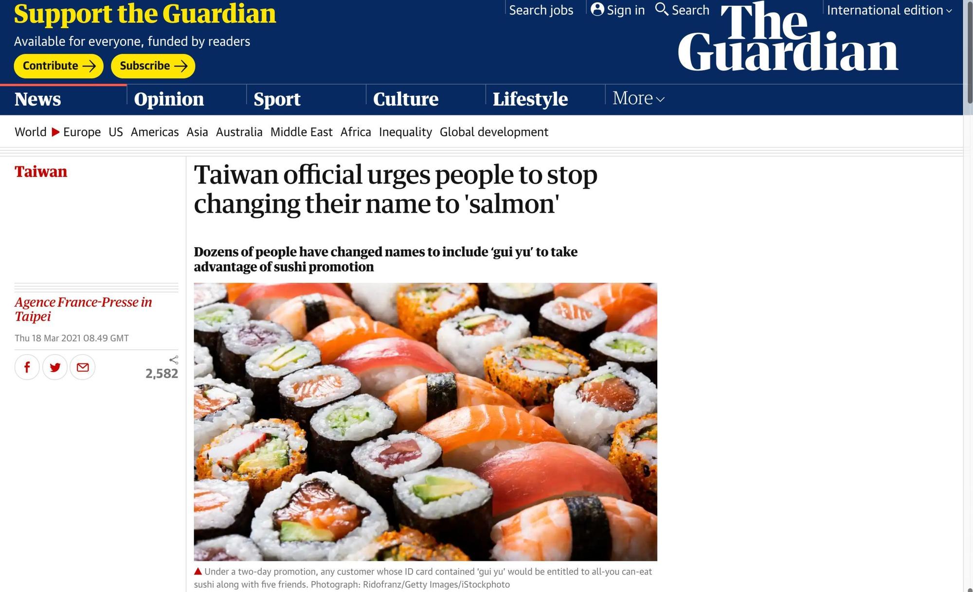 英國《衛報》報導,台灣人為了鮭魚改名,令官員頭痛。(翻攝The Guardian官網)