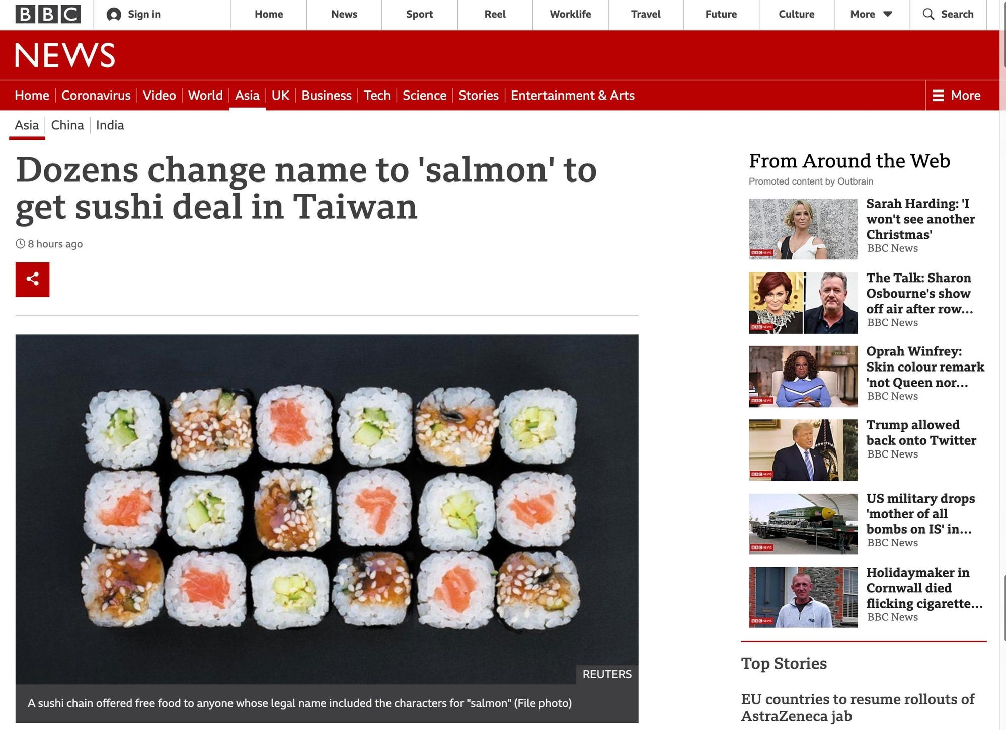 BBC報導台灣鮭魚之亂。(翻攝BBC官網)