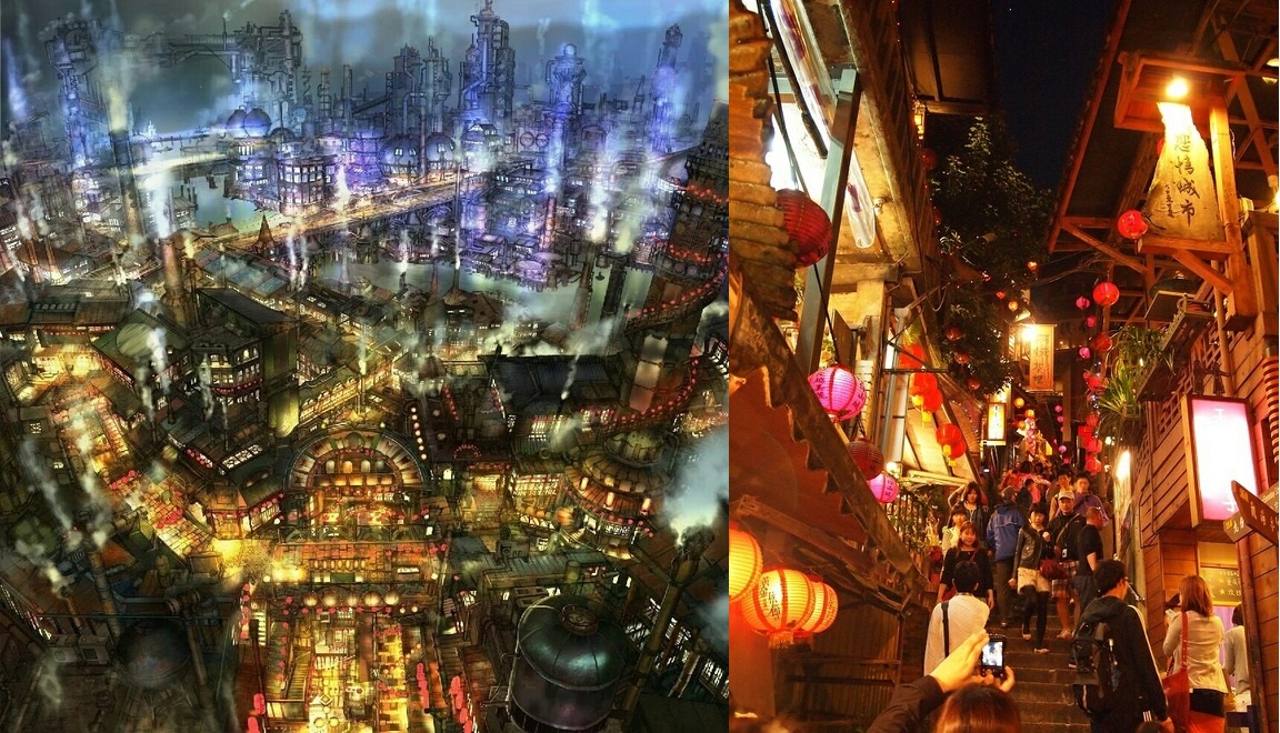 繪本《煙囪小鎮的普佩》（左圖）中的煙囪小鎮以九份街道作為原型進行設計。（翻攝自西野亮廣部落格）