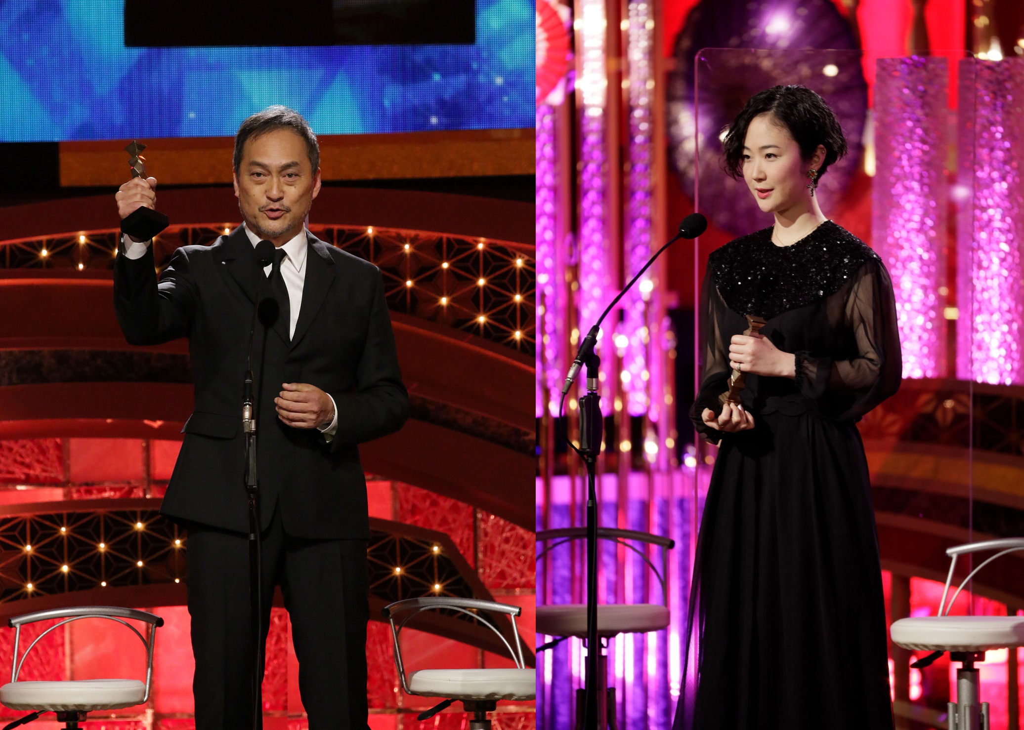 渡邊謙、黑木華分別以《福島50英雄》、《淺田家！》獲最佳男、女配角獎。（翻攝自第44屆日本電影學院獎）