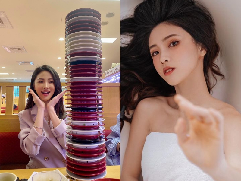 「全台最美鮭魚」參加壽司郎活動，清空40盤壽司。（翻攝自林鮭魚YuYu臉書、IG）