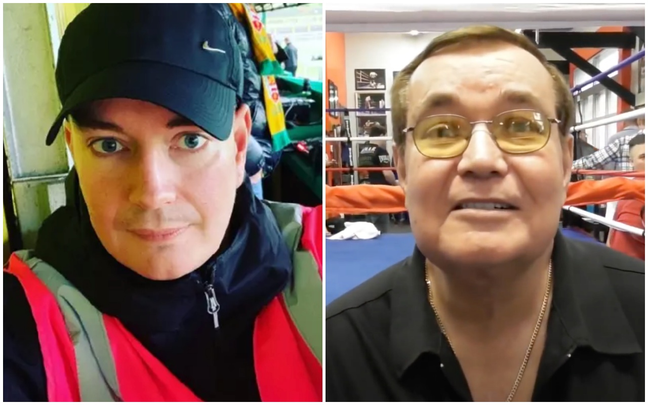 英國一名40歲的孤兒西蒙愛德華茲（左）竟發現生父（右）是傳奇拳賽的轉播員鮑伯謝里丹，且鮑伯謝里丹的身價高達2億英鎊（約新台幣80億元）。（翻攝自西蒙愛德華茲臉書、GladrapChannel YouTube）