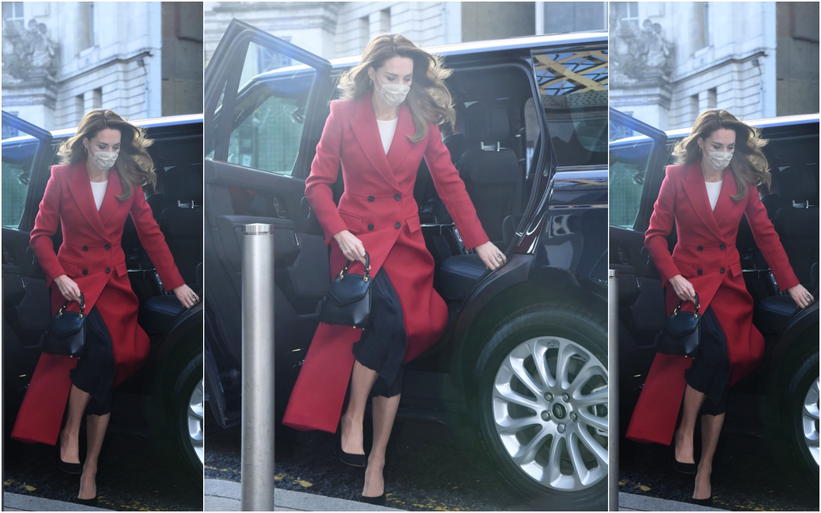 剛下車的凱特王妃，迎風飛揚的髮絲與長大衣衣襬，增添了她與Love Letter包款的優雅仙氣。（GRACE HAN提供）