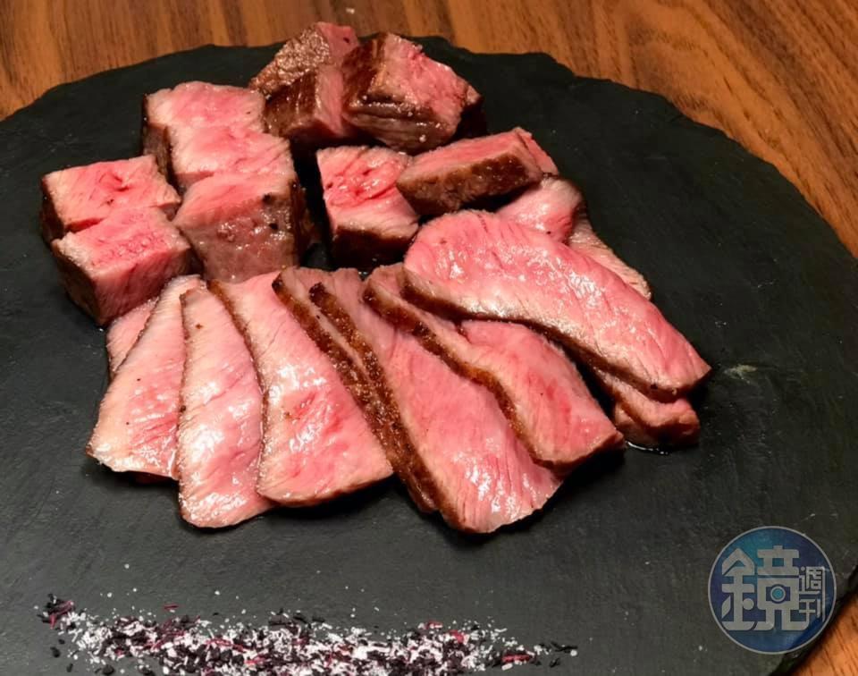 位於和牛大腿內側部位的「芯芯塊燒」，柔軟、肉味濃郁，搭配紫蘇鹽，風味突出。