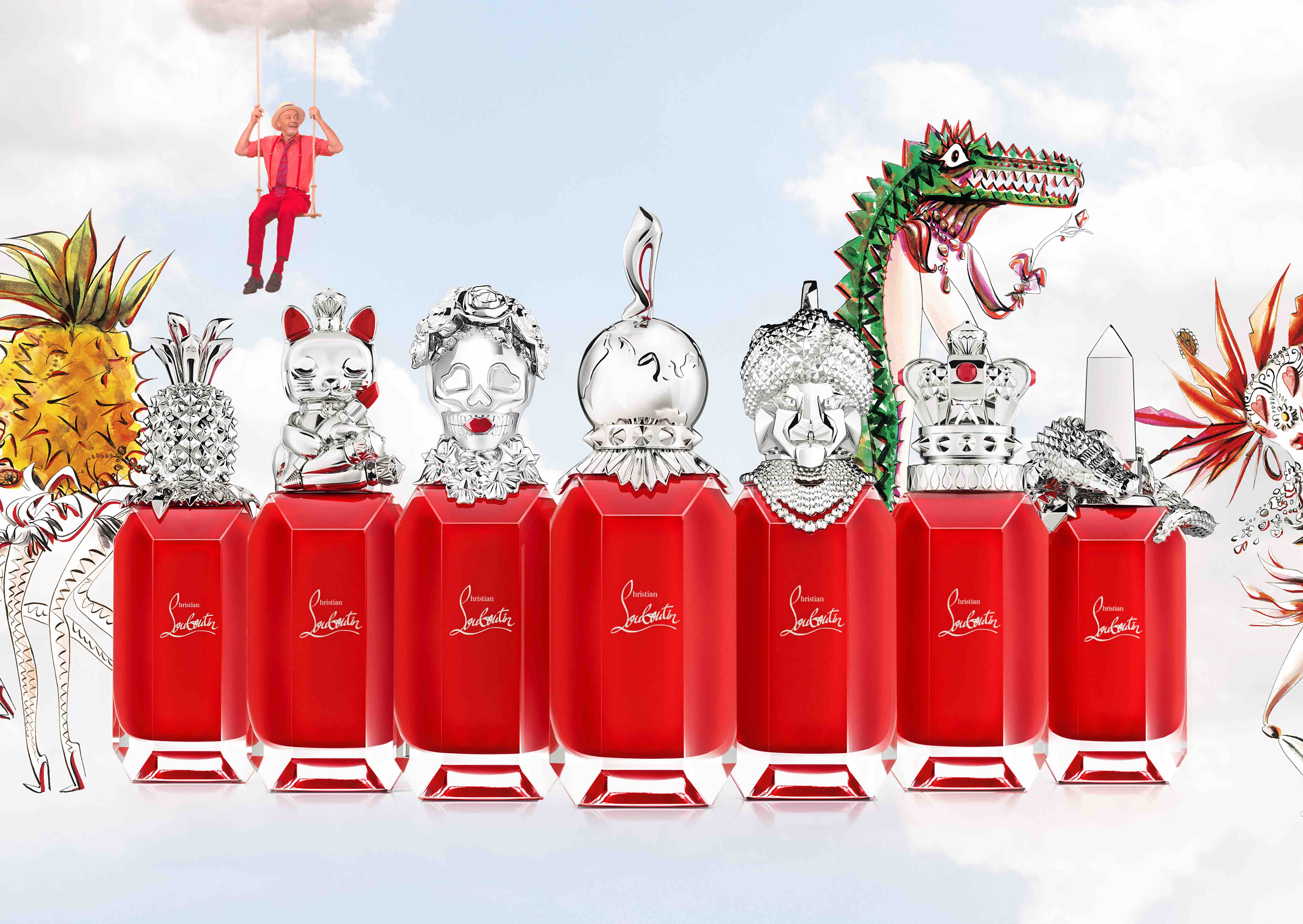 Loubiworld香水系列共推出7支奢華迷人的香水，並搭配故事性香水瓶蓋。各NT$10,250。（Christian Louboutin提供）