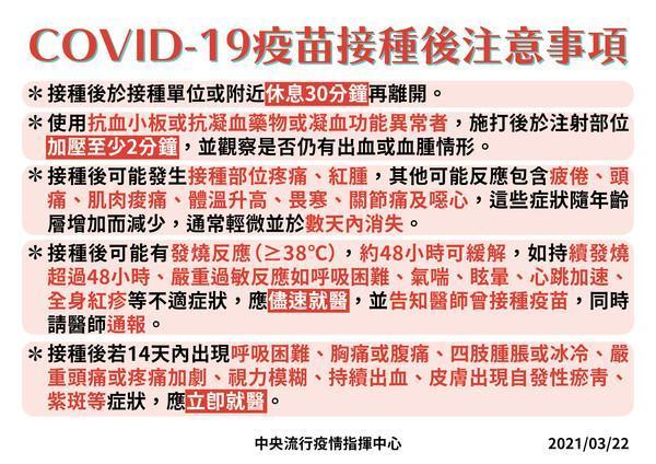 接種武漢肺炎疫苗後注意事項。（指揮中心提供）