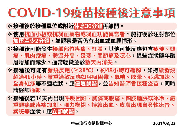 接種武漢肺炎疫苗後注意事項。（指揮中心提供）