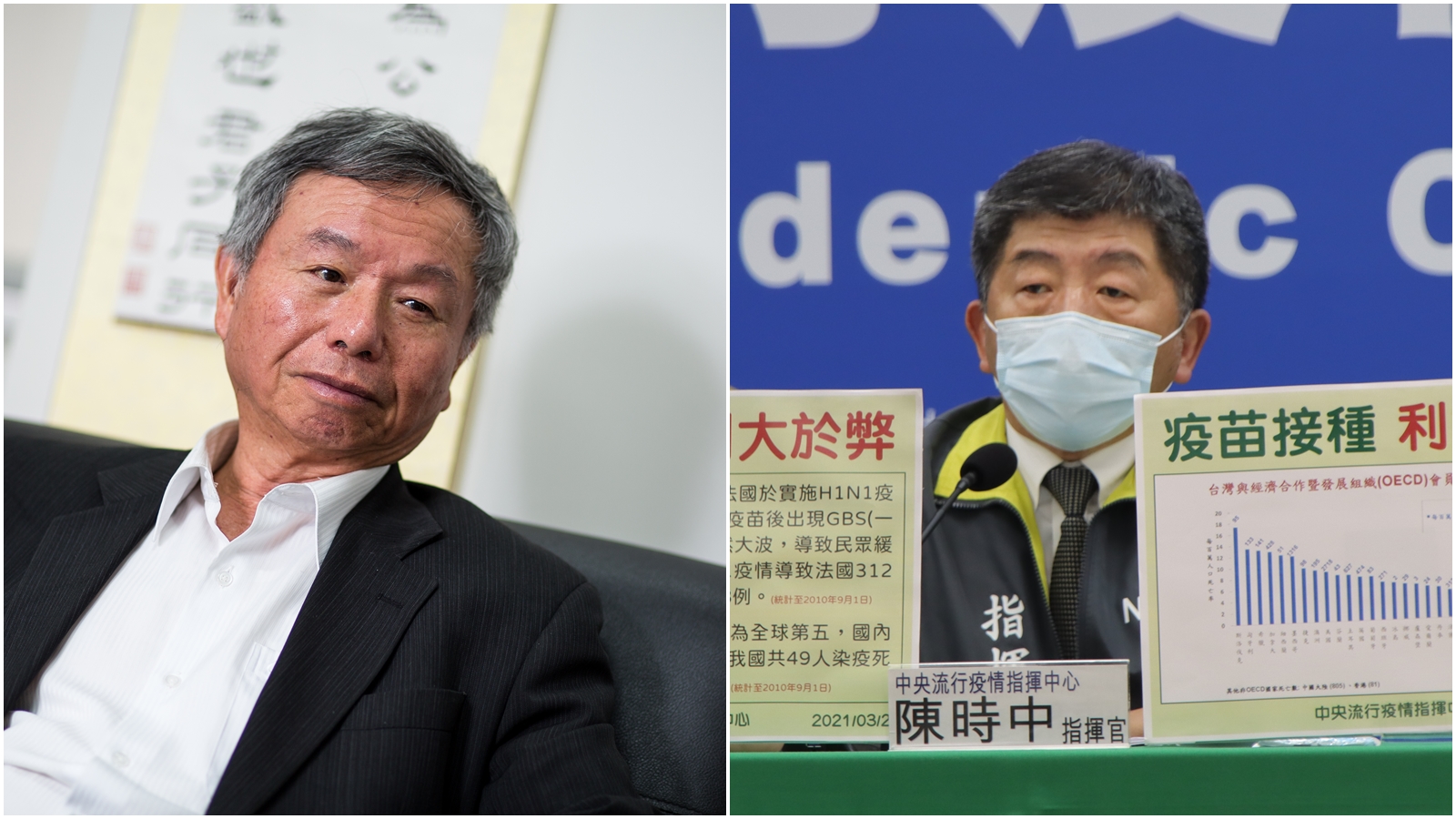 楊志良（左）痛批國產疫苗未走完三期試驗，陳時中（右）回應「H1N1也沒有做大規模人體試驗」。（本刊資料照、指揮中心提供）