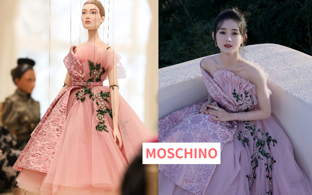 憑《新還珠格格》《楚喬傳》走紅的趙麗穎(右圖),與袖珍木偶都穿上Moschino春夏新裝。(翻攝自趙麗穎微博、Moschino提供)