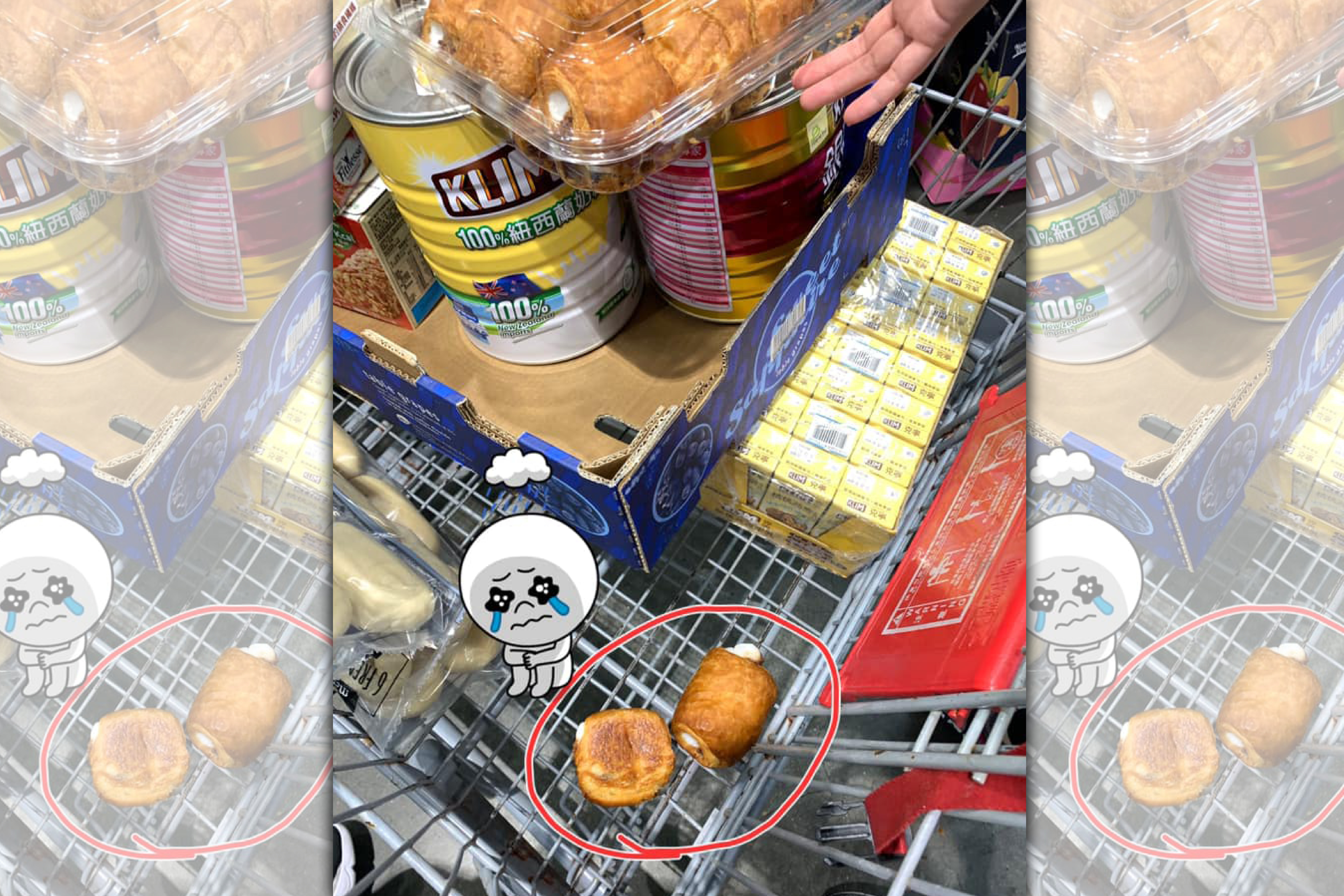 網友分享買了一盒好市多紅豆麻吉可頌,因為盒子不夠緊,結帳時不小心滾出兩顆。(翻攝自臉書社團:Costco好市多 商品經驗老實說)