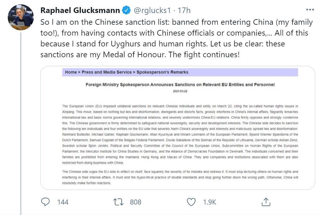被中國制裁的法國歐洲議員格魯克茲曼表示「這些制裁是我的榮譽勳章,抗爭將持續下去!」(翻攝自推特@rglucks1)