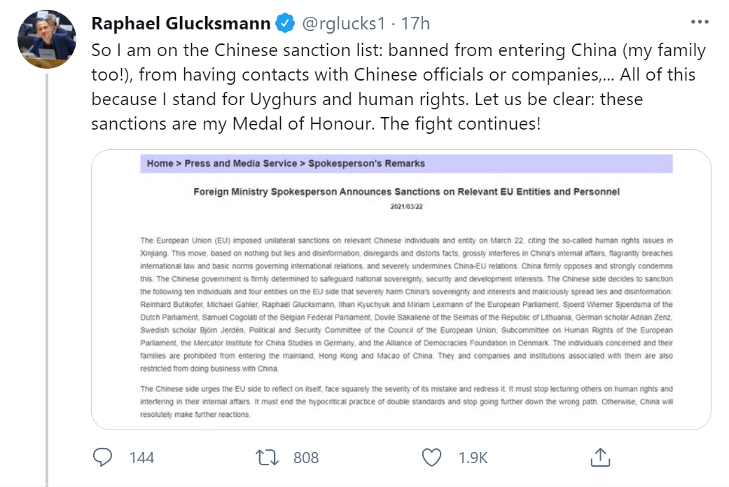 被中國制裁的法國歐洲議員格魯克茲曼表示「這些制裁是我的榮譽勳章，抗爭將持續下去！」（翻攝自推特@rglucks1）