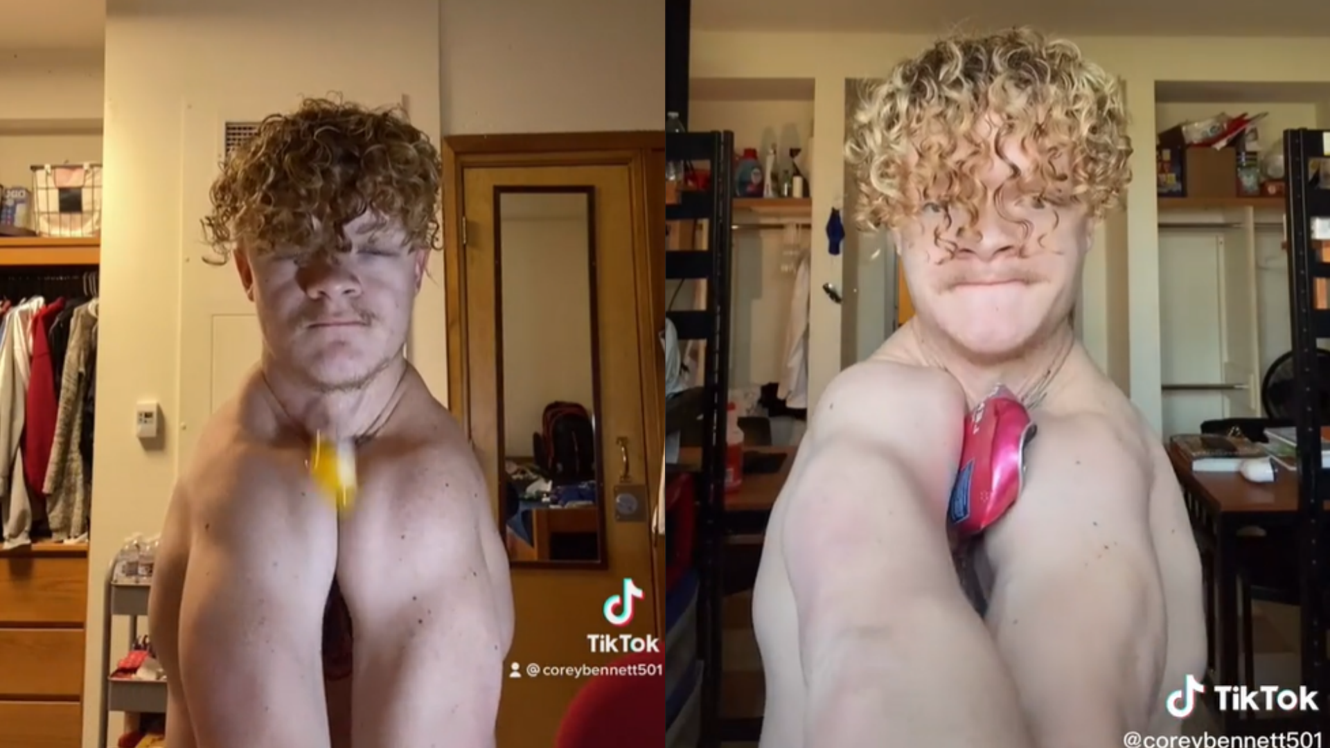 貝內特挑戰用肩膀夾破雞蛋、鋁罐等。(翻攝自coreybennett501抖音)