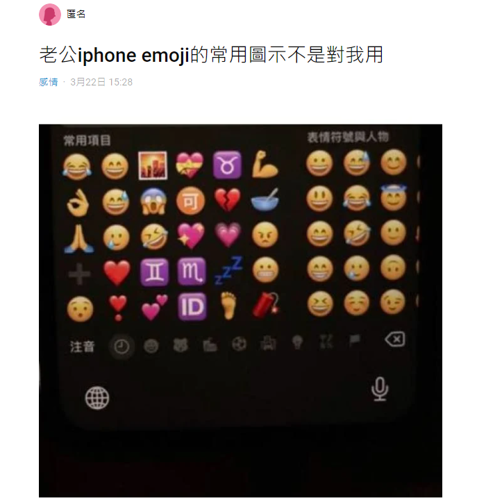 人妻看到老公手機的常用表情符號,懷疑對方偷吃。(翻攝自Dcard)