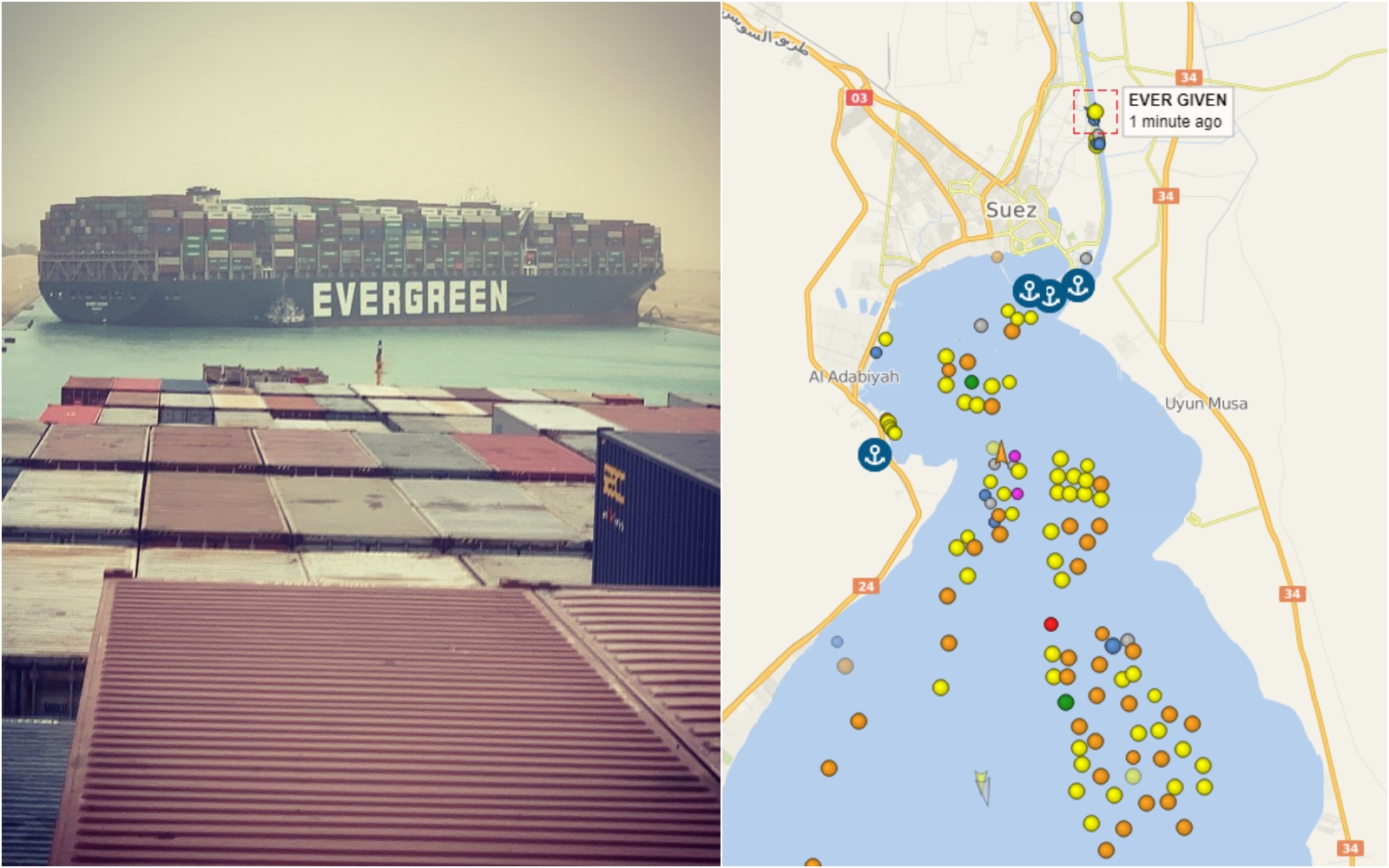 長賜輪卡在蘇伊士運河，造成後方許多貨輪大排長龍，恐引發蝴蝶效應。（翻攝自推特@marceldirsus／vesselfinder.com）