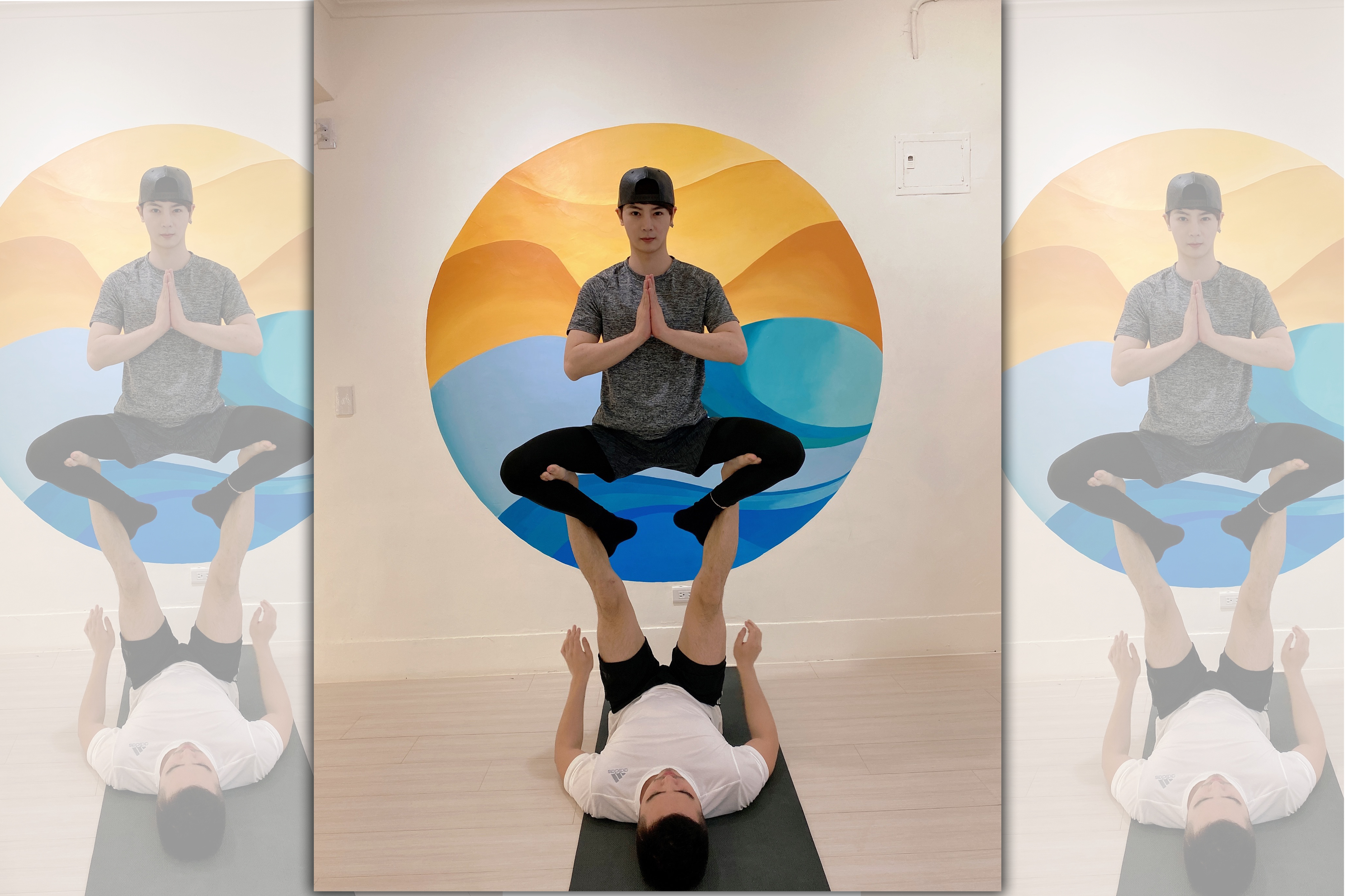 古曜威必須整個人在空中並用雙腳勾住同伴的腳，和友人做了幾次後都失敗，最後改由瑜珈老師示範才成功。（單純夢想文創事業提供）