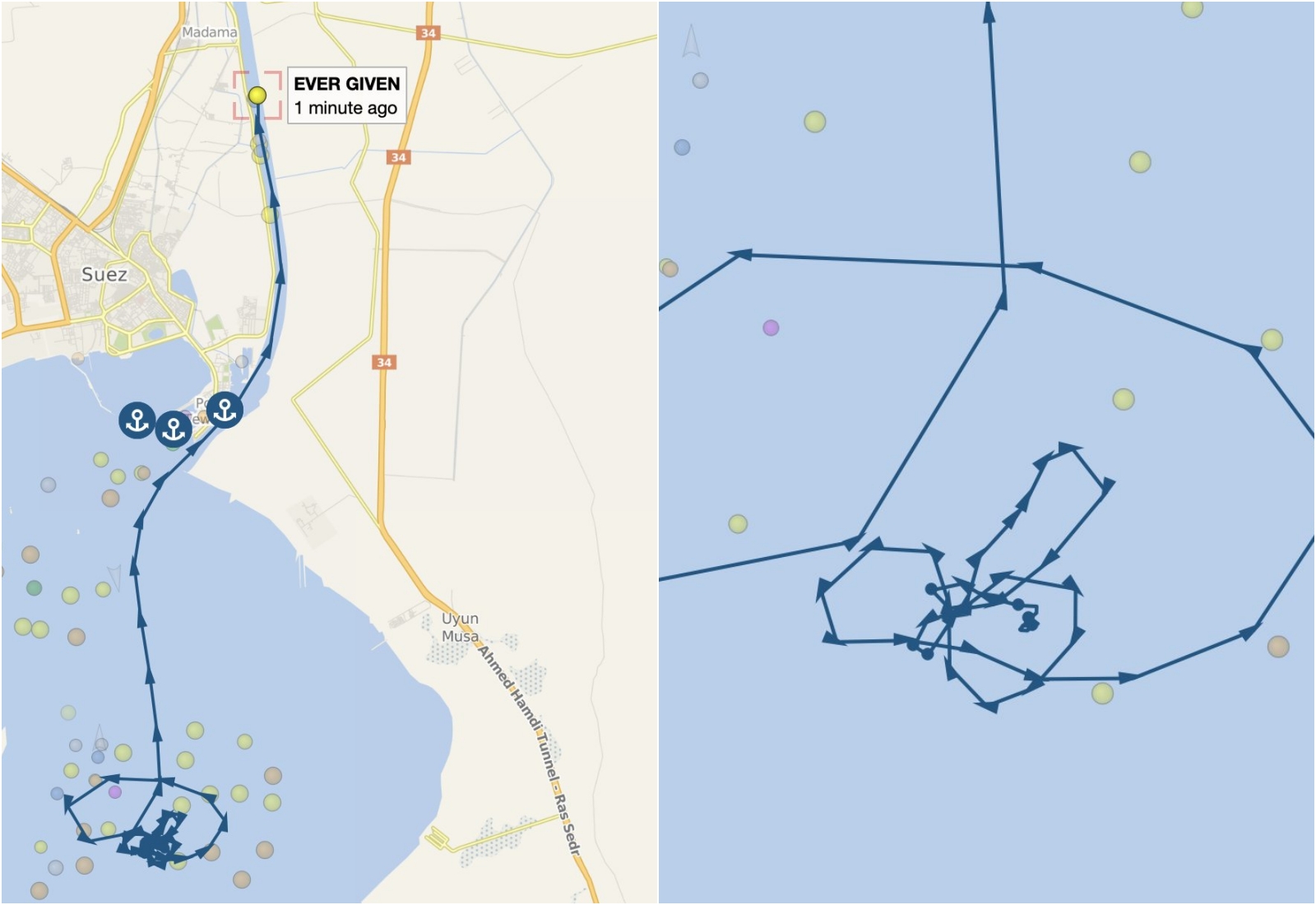 長賜號輪船的航行路線被發現疑似畫出了一幅「巨鵰圖」。（取自推特@jsrailton）