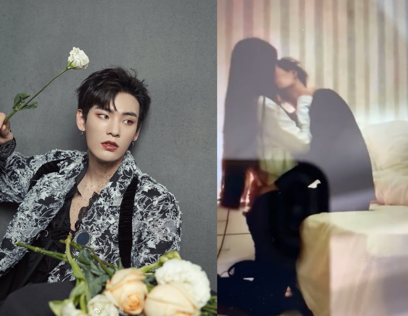 大陸男星姚柏南被爆出與女性激吻影片。(左翻攝自姚柏南微博,右翻攝自MMAQL微博)