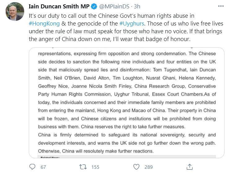 鄧肯史密斯表示，他們要為了無法發言的人發聲，他將帶上被制裁的「光榮勳章」。（翻攝自@MPIainDS推特）