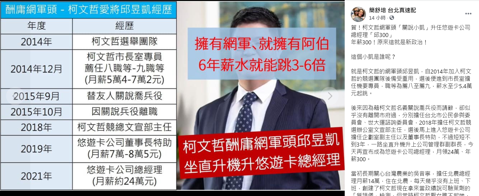 簡舒培列出邱昱凱經歷砲轟酬庸。（翻攝自簡舒培臉書）