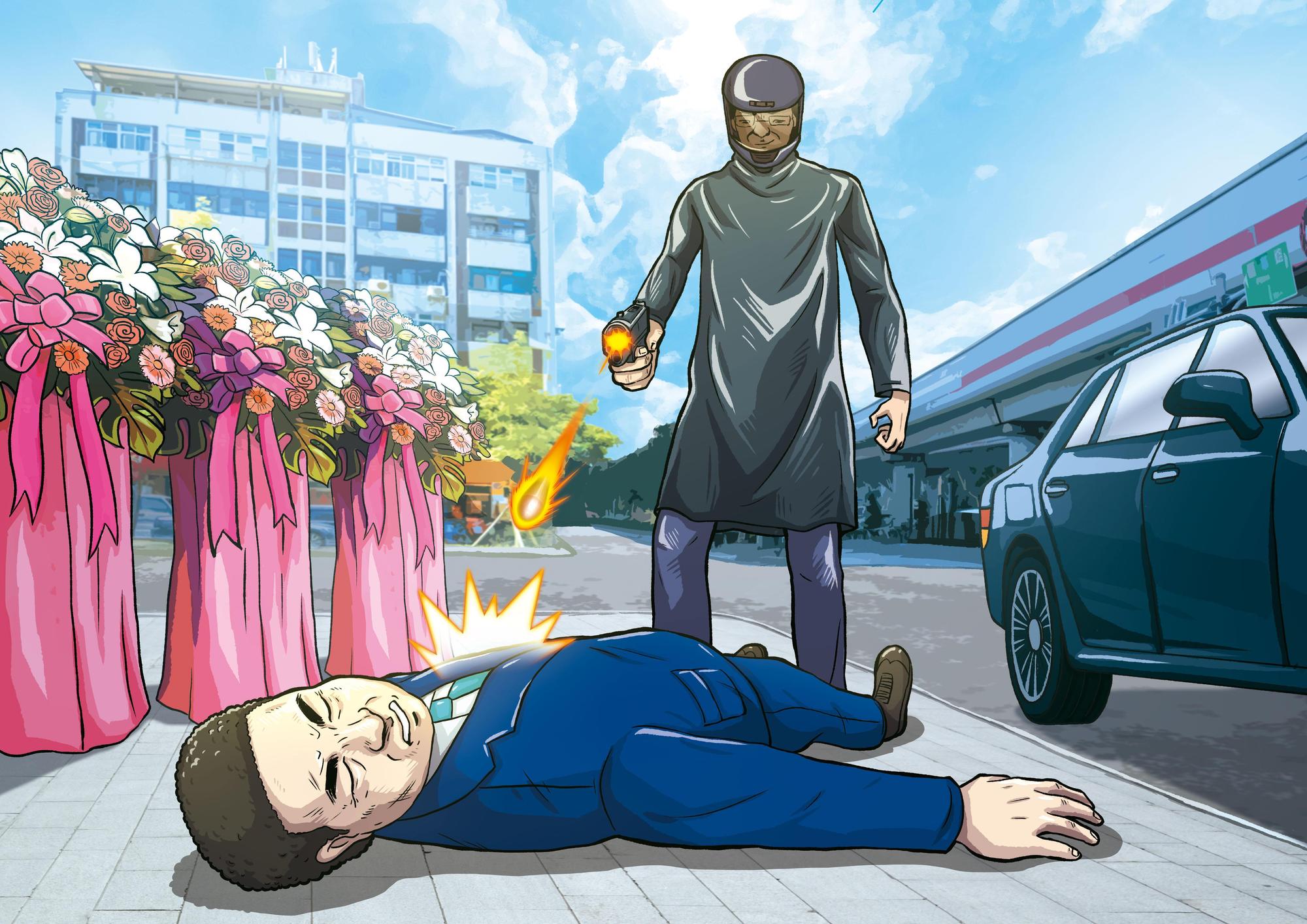 台北市議員陳進棋在舉辦喜宴的餐廳前,遭歹徒連開3槍射殺身亡。