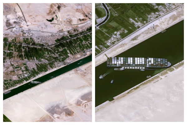 「長賜號」癱瘓蘇伊士運河，美國表態要介入協助脫困。（翻攝自AirbusSpace推特）