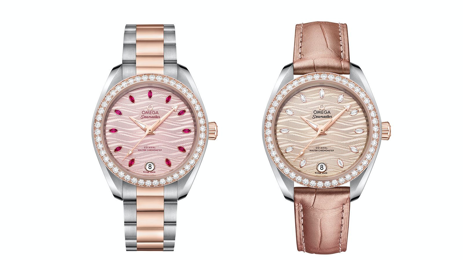 Seamaster Aqua Terra｜錶徑34mm／不鏽鋼及Sedna™金錶殼／時間及日期指示／8800自動上鏈機芯／防水150米／建議售價：NT$ 670,000（左）、NT$ 516,000（右）