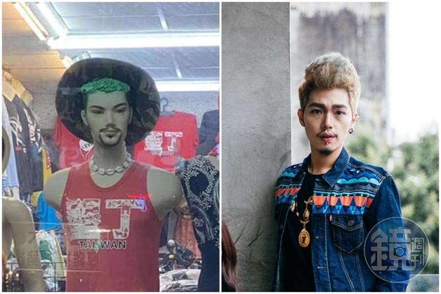 墾丁大街一位人形模特兒蓄著小鬍子、眉毛還修過,和罔腰前男友阿猴(右圖)長得超像。(左圖翻攝自爆廢1公社)