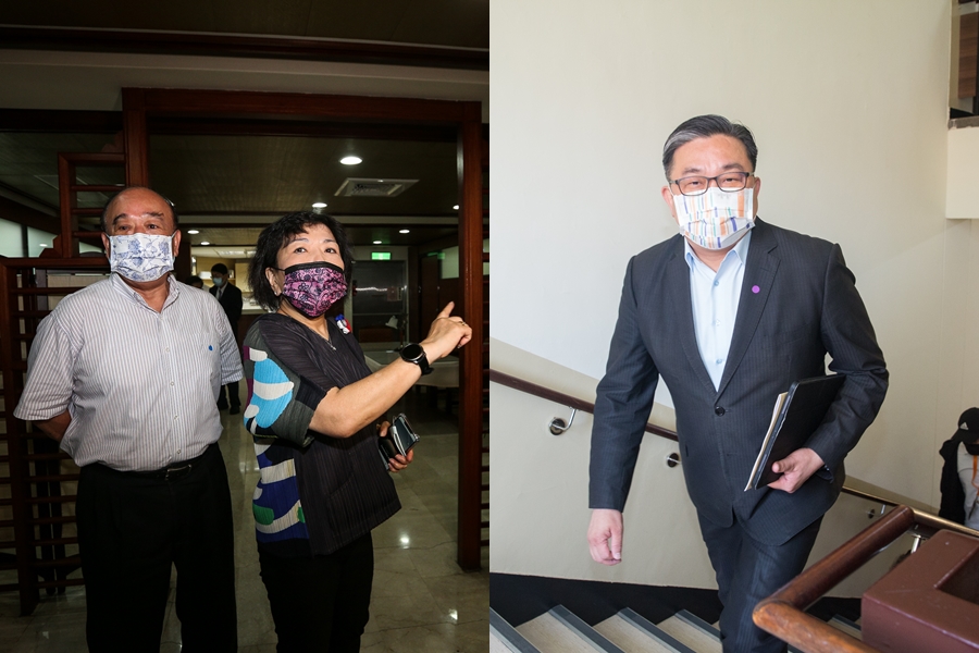 王定宇（右）之前表示免費提供給立委住宿的會館環境不佳，今國民黨立委葉毓蘭（左2）和吳斯懷（左1）則特地到大安會館和台北會館視察。