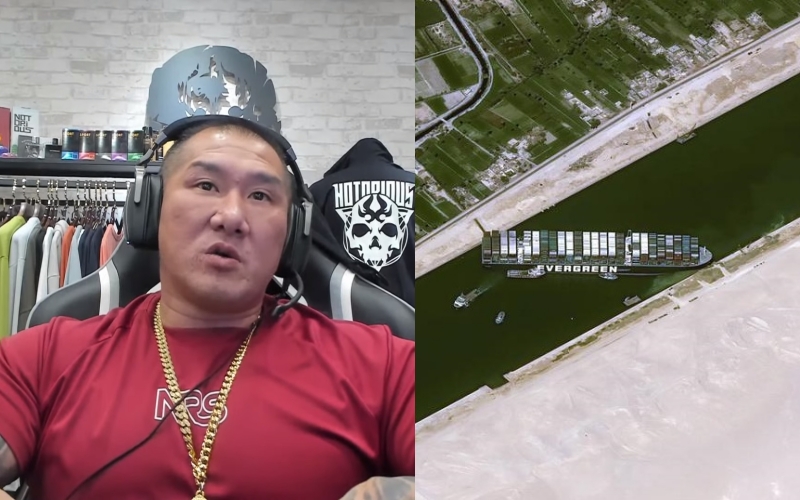 長榮海運旗下貨輪「長賜號」（Ever Given）擱淺在蘇伊士運河，讓「館長」陳之漢價值4,000多萬元的器材卡在航道上。（翻攝自「館長成吉思汗」YouTube、「Suez Canal Authority」官網）