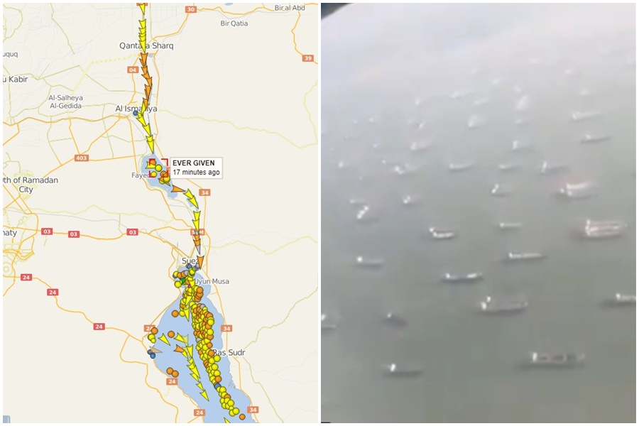 目前運河兩端入口的船隻不計其數，現場畫面曝光。長榮海運巨型貨輪長賜輪（紅框處）。（翻攝自Vesselfinder／推特）