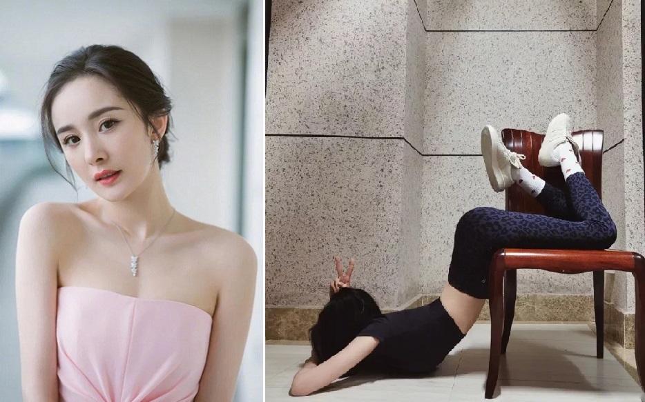 中國大陸近來興起「漫畫腰」動作，引來大量仿傚，連楊冪都跟風模仿拍照。（翻攝自楊冪微博）