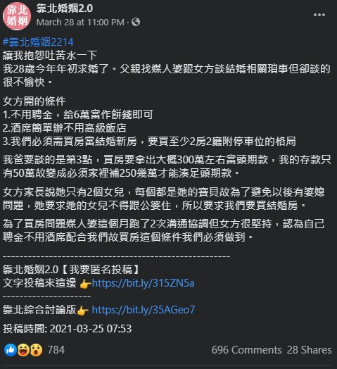 原PO只有50萬元存款,並須找家人補貼250萬元才能湊足頭期款。(翻攝自「靠北婚姻2.0」臉書)