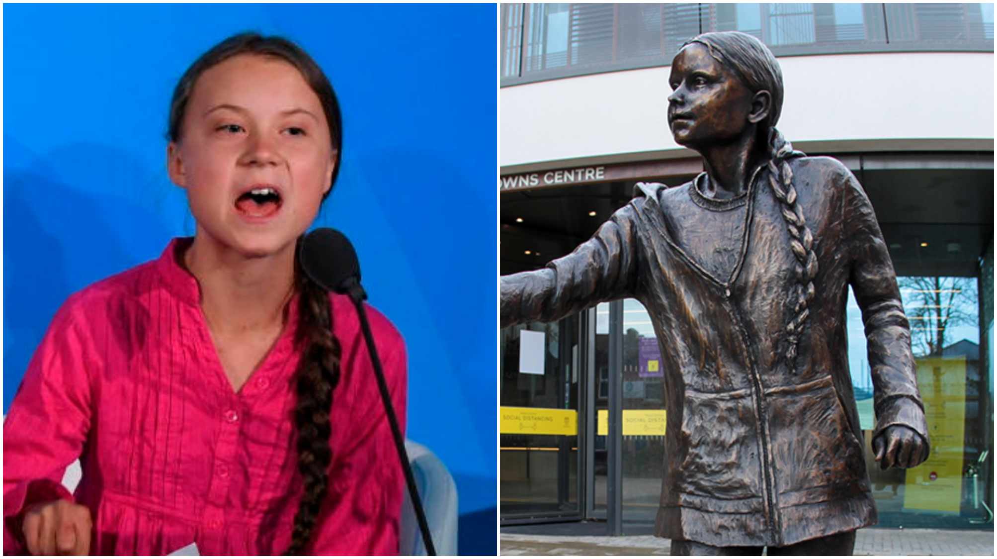格瑞塔童貝里(左圖)的雕像近日在英國溫徹斯特大學揭幕,引起撻伐。(翻涉聯合國影片、University of Winchester官網)