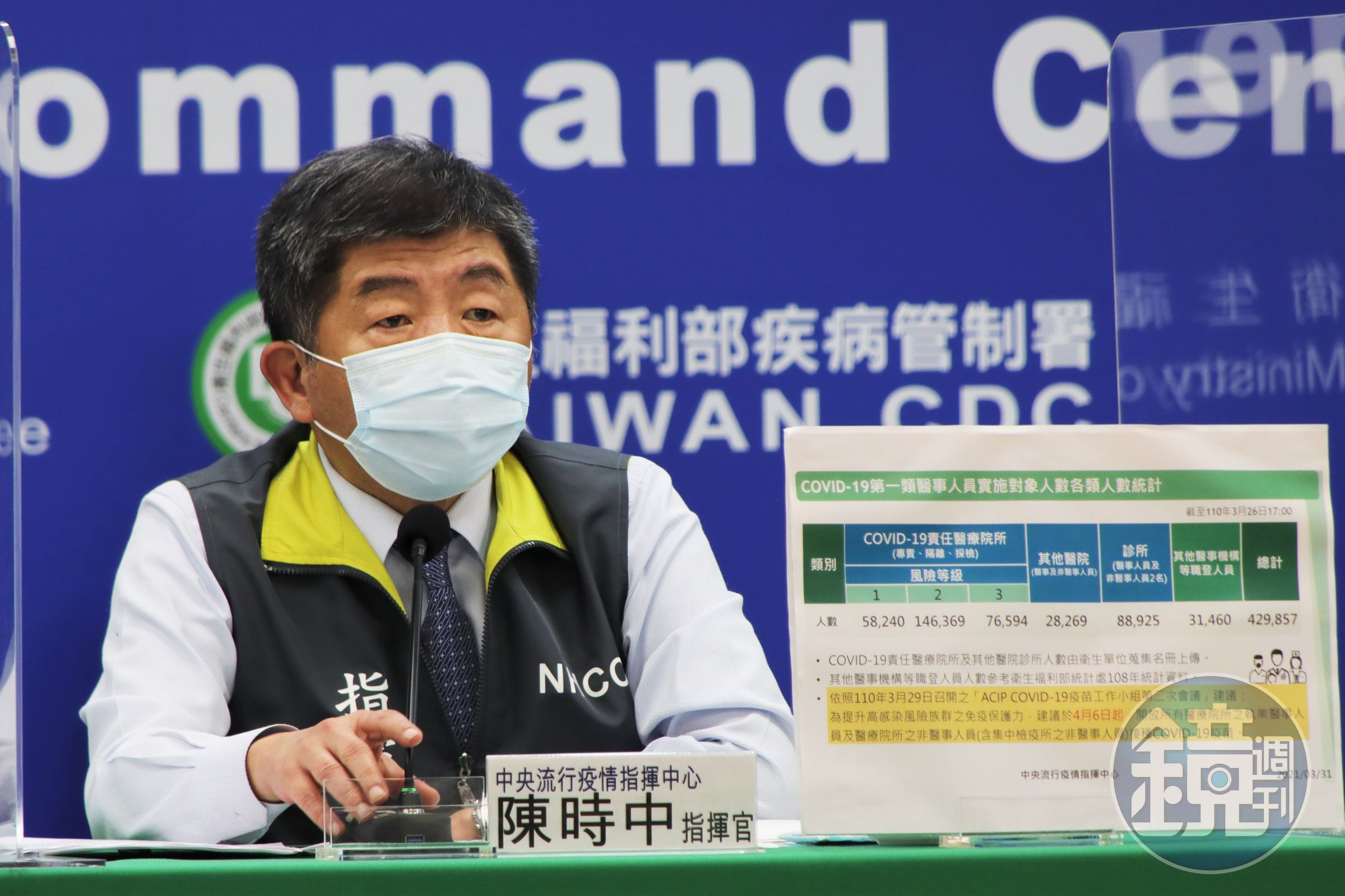 陳時中宣布4月6日起將擴大AZ疫苗施打對象。（指揮中心提供）
