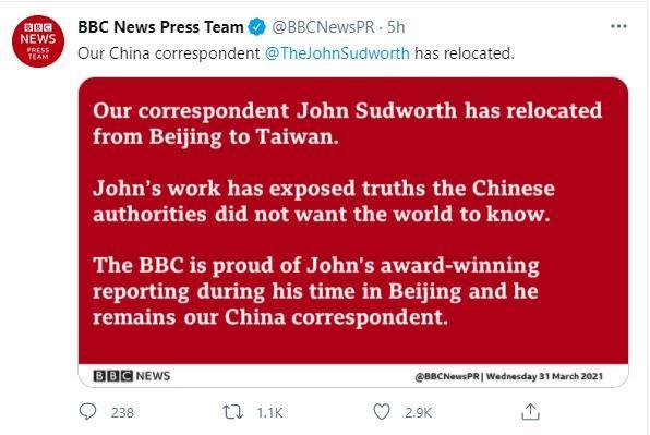 《BBC》今於推特上宣布,沙磊已從中國調派至台灣,聲明指出「沙磊將中國不希望全世界知道的真相曝光」。(翻攝BBC New Press Team推特)