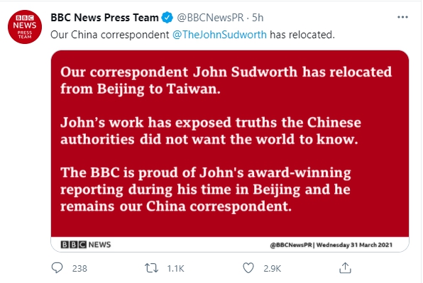《BBC》今於推特上宣布，沙磊已從中國調派至台灣，聲明指出「沙磊將中國不希望全世界知道的真相曝光」。（翻攝BBC New Press Team推特）