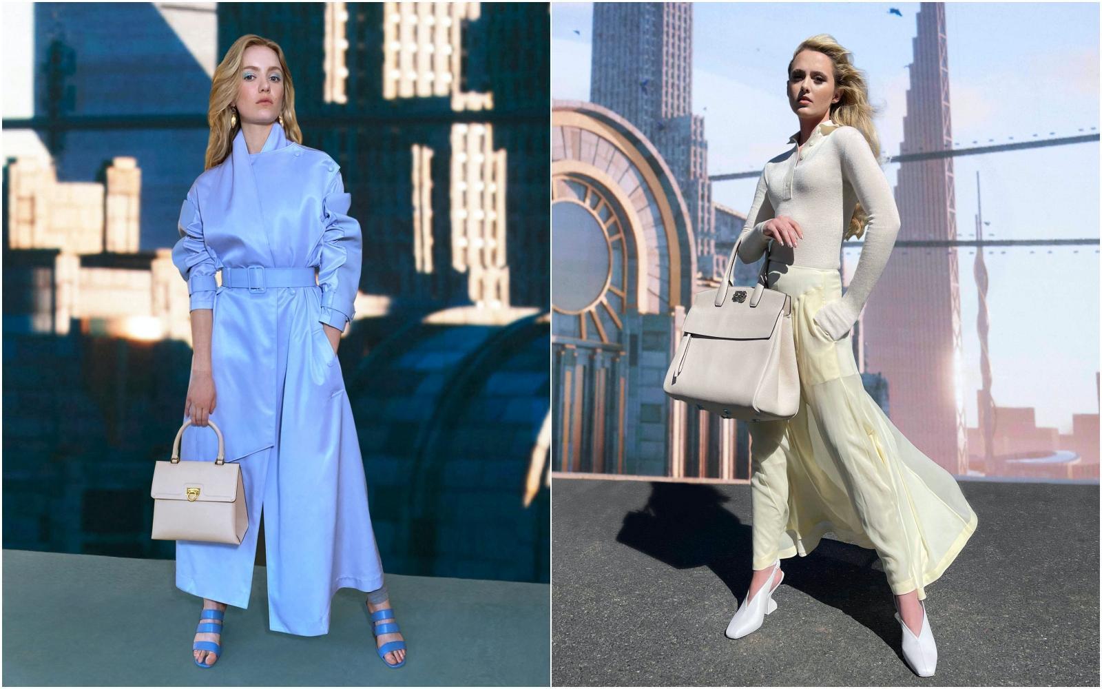 美國女星Hadley Robinson(左)穿著Steffie藍色小羊皮F形鞋跟涼鞋、Kathryn Newton(右)穿著Sloane白色小羊皮F形鞋跟拉帶鞋。(Salvatore Ferragamo提供)