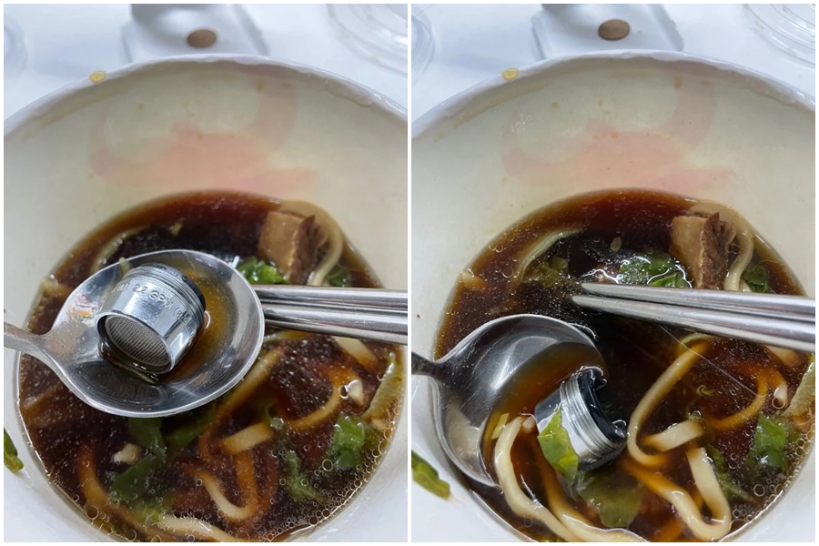 女大生外帶知名牛肉麵回宿舍享用,沒想到吃到一半竟撈到一顆完整的水龍頭起泡器。(翻攝自Dcard)