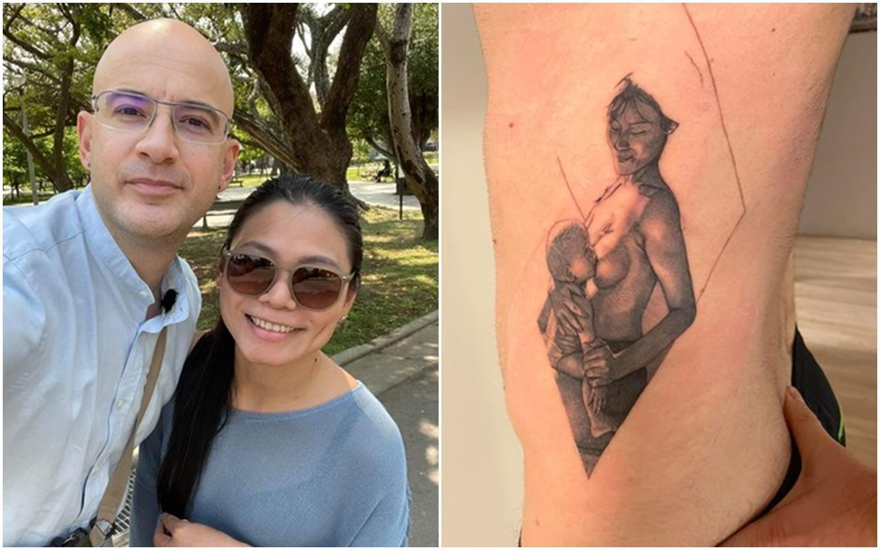 吳鳳將老婆哺乳的模樣刺在身上痛到發抖。(翻攝自吳鳳臉書)