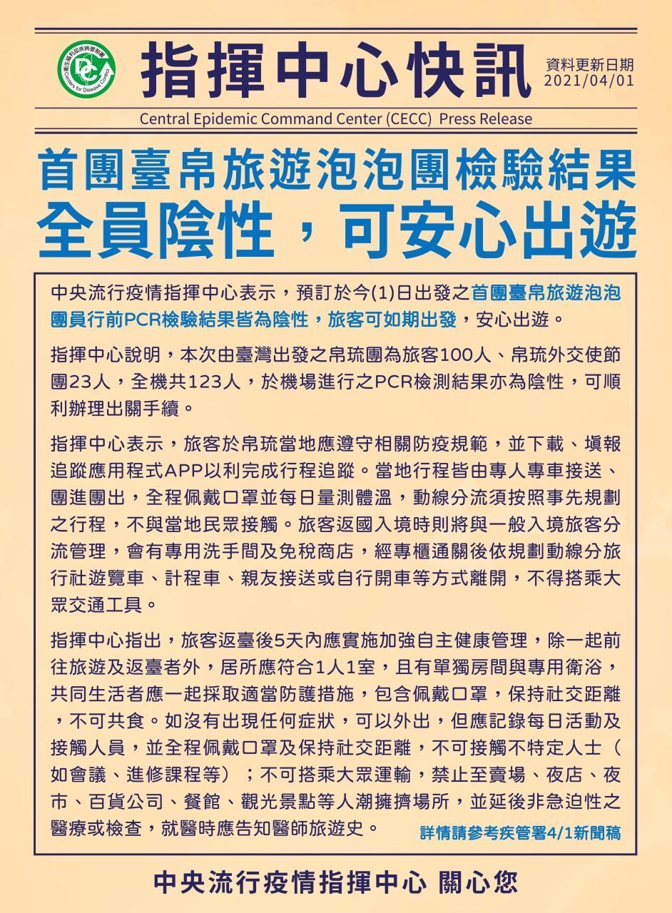 台帛旅遊泡泡首發團全員採檢「陰性」。（指揮中心提供）