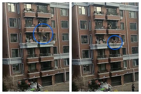 中國大陸1名全裸男子從5樓陽台，沿著大樓牆體往下攀爬，網友們大嘆「用生命在偷情」。（翻攝自微博）