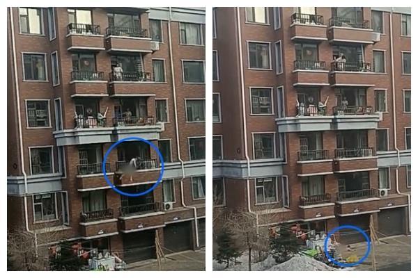 全裸男子試圖從4樓陽台往3樓攀爬時,卻不慎失足,直接往1樓掉下去。(翻攝自微博)