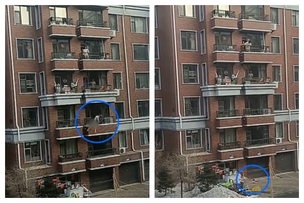 全裸男子試圖從4樓陽台往3樓攀爬時,卻不慎失足,直接往1樓掉下去。(翻攝自微博)