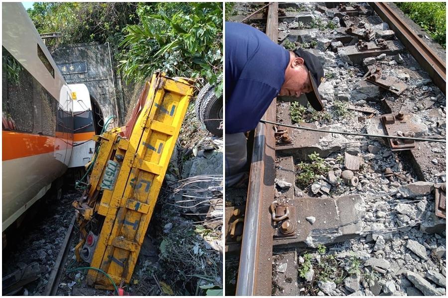 台鐵表示太魯閣號第2、3號車廂出軌,還有列車在隧道內。(翻攝畫面)
