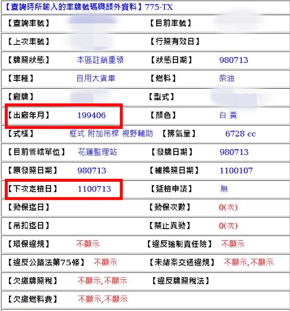 貨車被起底1994年出廠,車齡已達27年,原訂下次定檢為今年7月。(翻攝自「爆廢1公社」臉書)